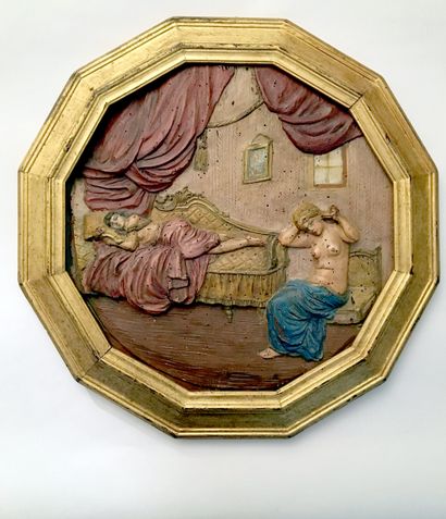 null Unidentified artist]. Boudoir scene, mid-19th century. Polychrome carved wood,...