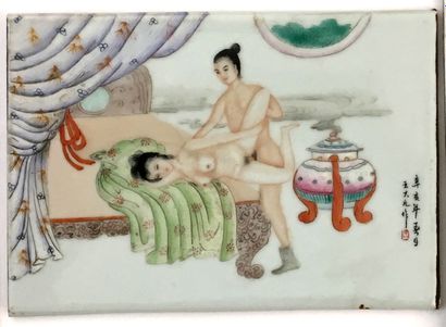 null CHINA. Marital scenes, 20th century. 3 earthenware tiles, one 36,5 x 25 cm,...