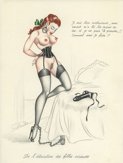 null JIM. On the education of vicious girls, circa 1950. 6 original watercolour drawings,...