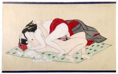 null JAPAN. SHUNGA. 20th century. 2 watercolour drawings, 30 x 50 and 30 x 54 cm....