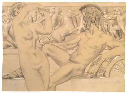null André Pierre LUPIAC (1873-1956). Naked couple in front of a frieze of antique...