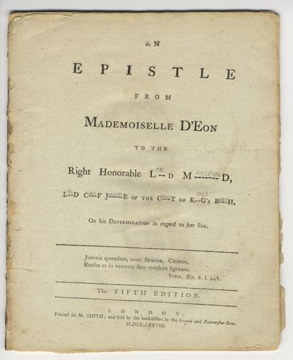 null James PERRY. An Epistle from Mademoiselle d'Eon to the Right Honorable L[or]d...