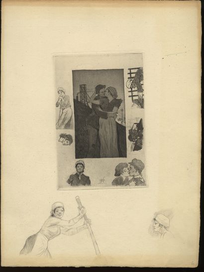 null ENRICHED WITH 2 DRAWINGS] Armand RASSENFOSSE, Le Baiser du porion II. Etching...