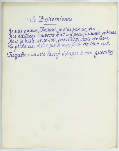 null Pierre LOUŸS. La Bohémienne et divers, vers 1900. 5 feuillets manuscrits à l’encre,...