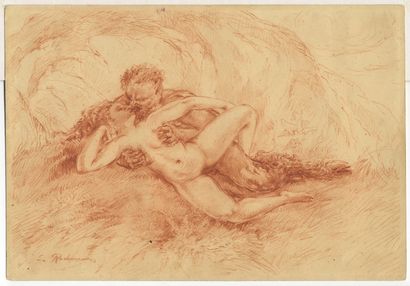 null S. ROCHANKOVSKI or S. ROCHANKOUS. The Nymph and the Faun, ca. 1930. Drawing...
