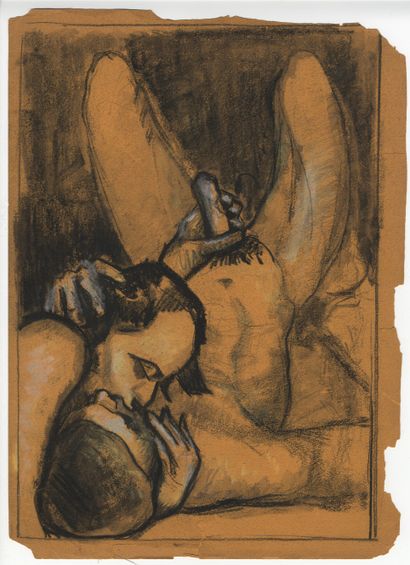 null Unidentified Hungarian artist]. Complicity, ca. 1930. Charcoal drawing on orange...