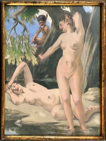 null André Pierre LUPIAC (1873-1956). Bathers and fauna. Pastel on paper, 60 x 48...