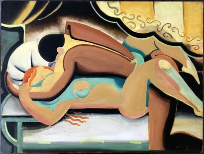 null Pierre de MOUGINS (born 1966). Study of a nude couple, circa 1990. Oil on cardboard,...