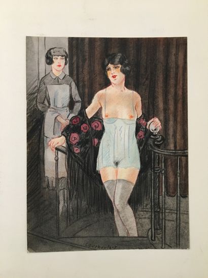 null Léon COURBOULEIX (1887-1972). Brothel girls, circa 1935. 3 original watercolors,...