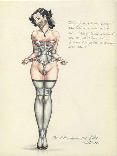 null JIM. De l'éducation des filles vicieuses, vers 1950. 6 dessins originaux à l'aquarelle,...