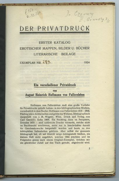 null Auguste Henrich HOFFMANN. Der Privatdruck, 1924. 16-page bibliography in German,...