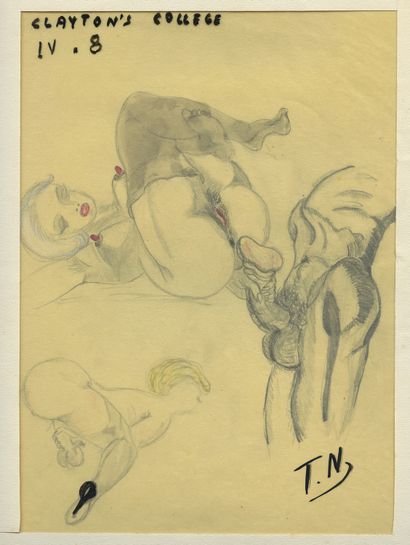 null T. N. Clayton's college, vers 1950. 7 dessins en couleur sur papier recouvert...