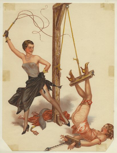 null HÉRRIC [Chéri HÉROUARD]. Flagellation, vers 1935. 4 planches rehaussées à l'aquarelle,...
