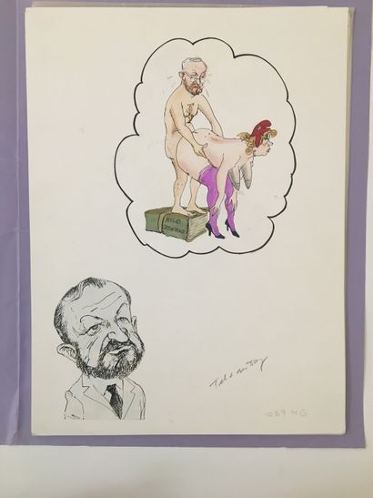 null [CARICATURES CURIOSA] Politique, 1970. 15 aquarelles légendées, 28,5 x 20 cm....