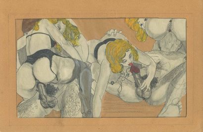 null [Mario TAUZIN, dans le goût de]. Scène d'orgie, vers 1950. 12 dessins en couleur,...