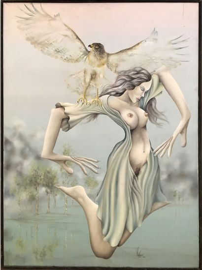 null Jacques VERSARI. La Femme et l’aigle. Huile sur toile, 100 x 73 cm. Signé en...
