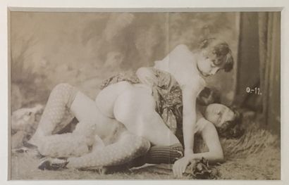 null FIRST PORNOGRAPHER. Two Young Girls with a Dog, ca. 1870. Vintage silver print,...
