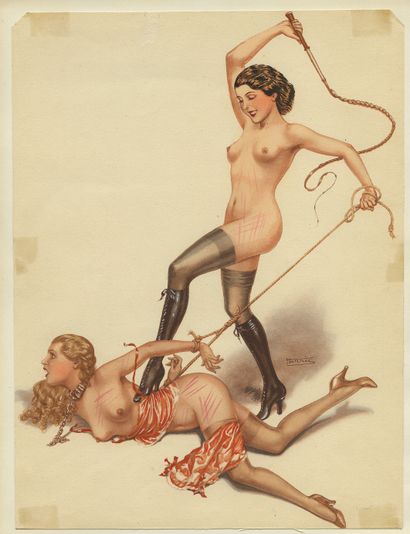 null HÉRRIC [Chéri HÉROUARD]. Flagellation, vers 1935. 4 planches rehaussées à l'aquarelle,...