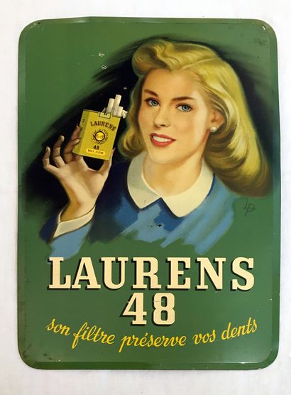 null PLAQUE PUBLICITAIRE. Publicité pour Laurens 48, cigarettes. Métal lithographié...