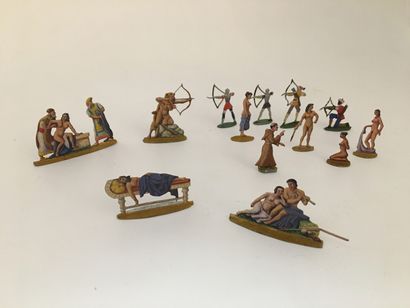  Erotic and warriors. 13 painted figures in a tin plate, in an old paper maché b...