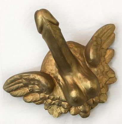 null [BROTHEL?]. Winged phallus, first half of the 20th century. Gilded plaster,...