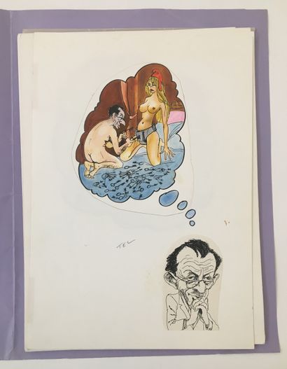 null [CARICATURES CURIOSA] Politique, 1970. 15 aquarelles légendées, 28,5 x 20 cm....