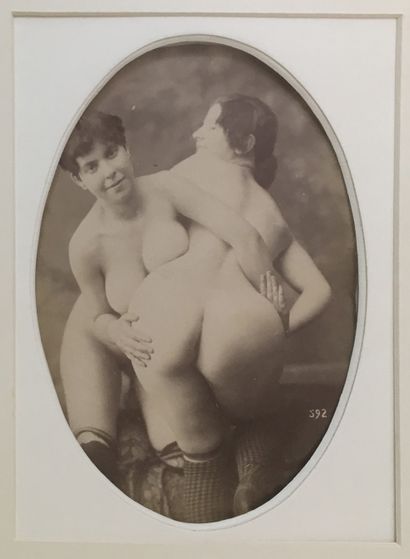null FIRST PORNOGRAPHER. Female couple, circa 1870. 2 vintage silver prints, 20 x...