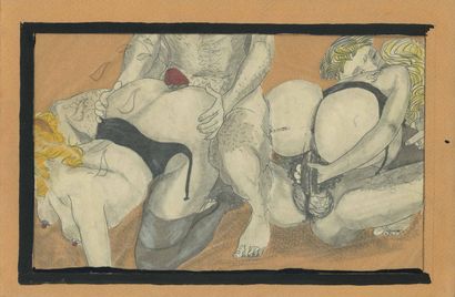 null [Mario TAUZIN, dans le goût de]. Scène d'orgie, vers 1950. 12 dessins en couleur,...