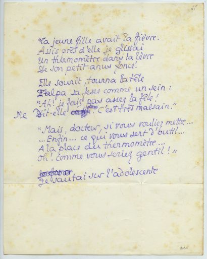 null Pierre LOUŸS. Quatrains, vers 1890. 3 feuillets manuscrits, à l'encre violette,...