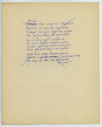 null Pierre LOUŸS. Quatrains, circa 1890. 3 handwritten leaves, in violet ink, 25...