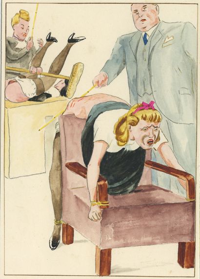 null [Unidentified amateur artist]. Flagellations, ca. 1930. 8 original watercolor...