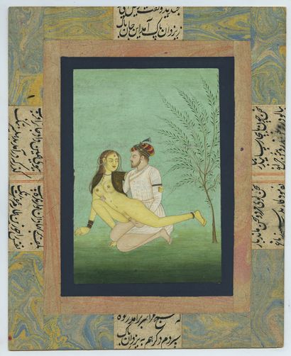 null INDIA. Couple in action. Gouache and watercolour drawing, 12 x 8.5 cm, on a...