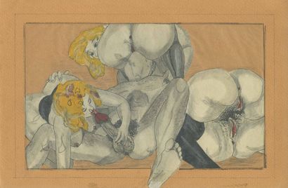 null [Mario TAUZIN, in the style of]. Orgy scene, circa 1950. 12 drawings in color,...