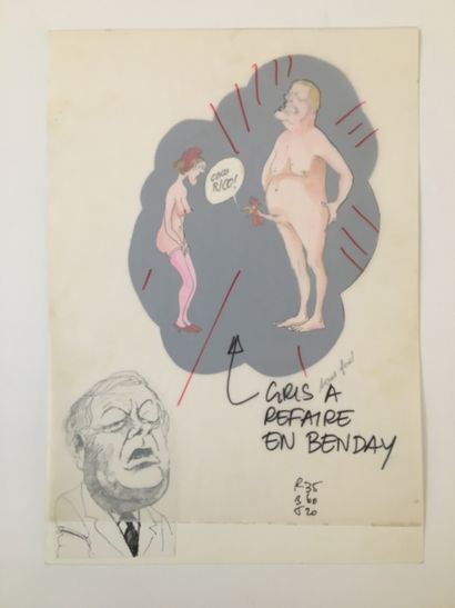 null [CURIOSA CARICURES] Politics, 1970. 15 captioned watercolors, 28.5 x 20 cm....