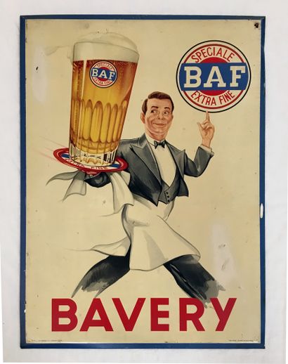 null 
PLAQUE EN TÔLE LITHOGRAPHIÉE. Bière BAF, spécial extra-fine, Bavery.
