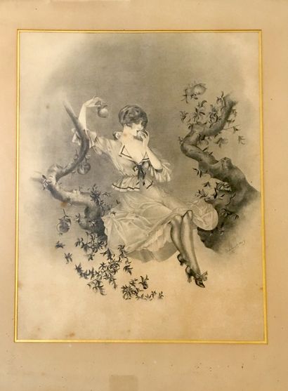 null 
R. HIBOUT. Woman picking grapes. Woman picking apples. 2 pencil drawings, around...