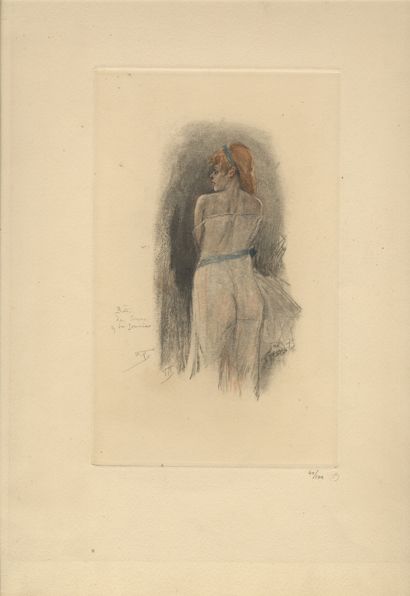 null Félicien ROPS. Beast of burden and bed frame. Engraving in color with the mark,...