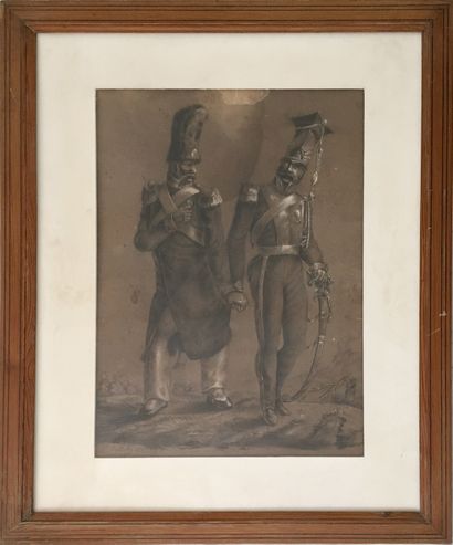 null 
E. CATHELIN. The Military in Love. Charcoal and white chalk, 40 x 27 cm. Signed...