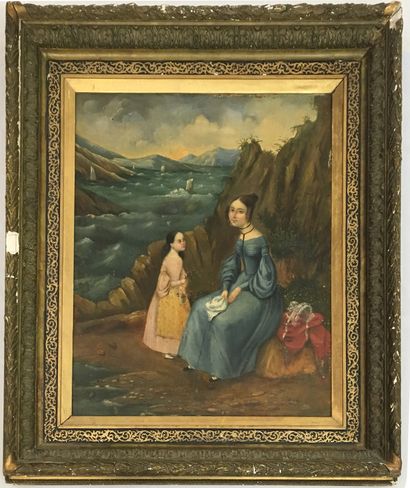 null French school of the 19th century. Woman and girl in a rocky landscape. Oil...
