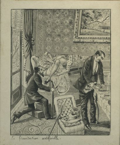 null FRÉDILLO. La Fécondation artificielle, vers 1890. Gravure, 15 x 12,5 cm. Joint...