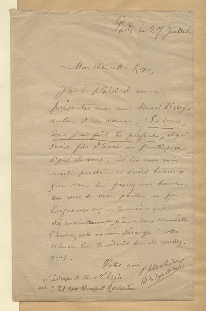 null Paul VERLAINE. Lettre autographe signée, adressée à Félicien ROPS. In Gustave...