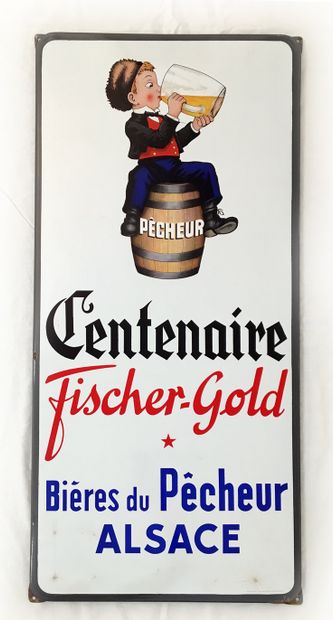 null PLAQUE ÉMAILLÉE PLATE À OREILLES. Publicité pour la Bière du Pêcheur, Alsace,...