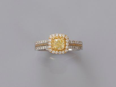null Bague deux ors, 750 MM, centrée d'un diamant jaune taille coussin pesant 0,60...