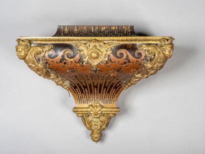 null Wall console made of blackened wood and Boulle marquetry in gilded brass, the...