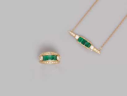  Demi-parure : Bague Anneau et collier en or jaune, 750 MM, ornés de diamants et...