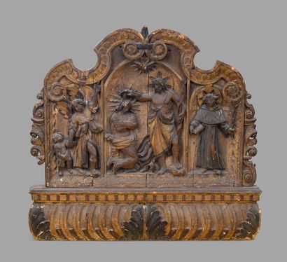 null Retable en bois sculpté en bas-relief, polychromé et doré représentant le Baptême

du...