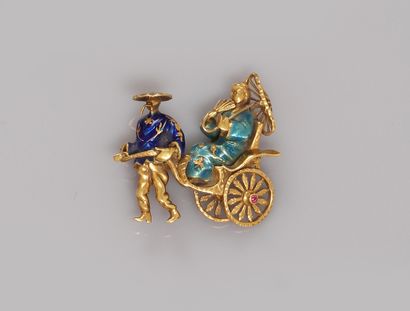 null Brooch representing a lady in a "Pousse pousse" carried by a man in yellow gold,...