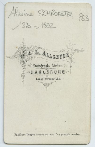 null Alwine SCHROEDTER (1820-1892), peintre allemande. Épreuve d'époque sur papier...