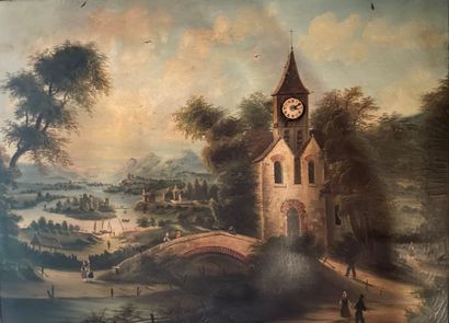 null Tableau à horloge et musique à décor de paysage lacustre.

XIXe siècle.

Huile...