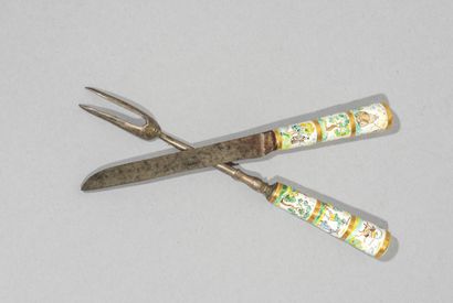 null Small cutlery with enamelled decoration of didactic scenes.

 German work from...